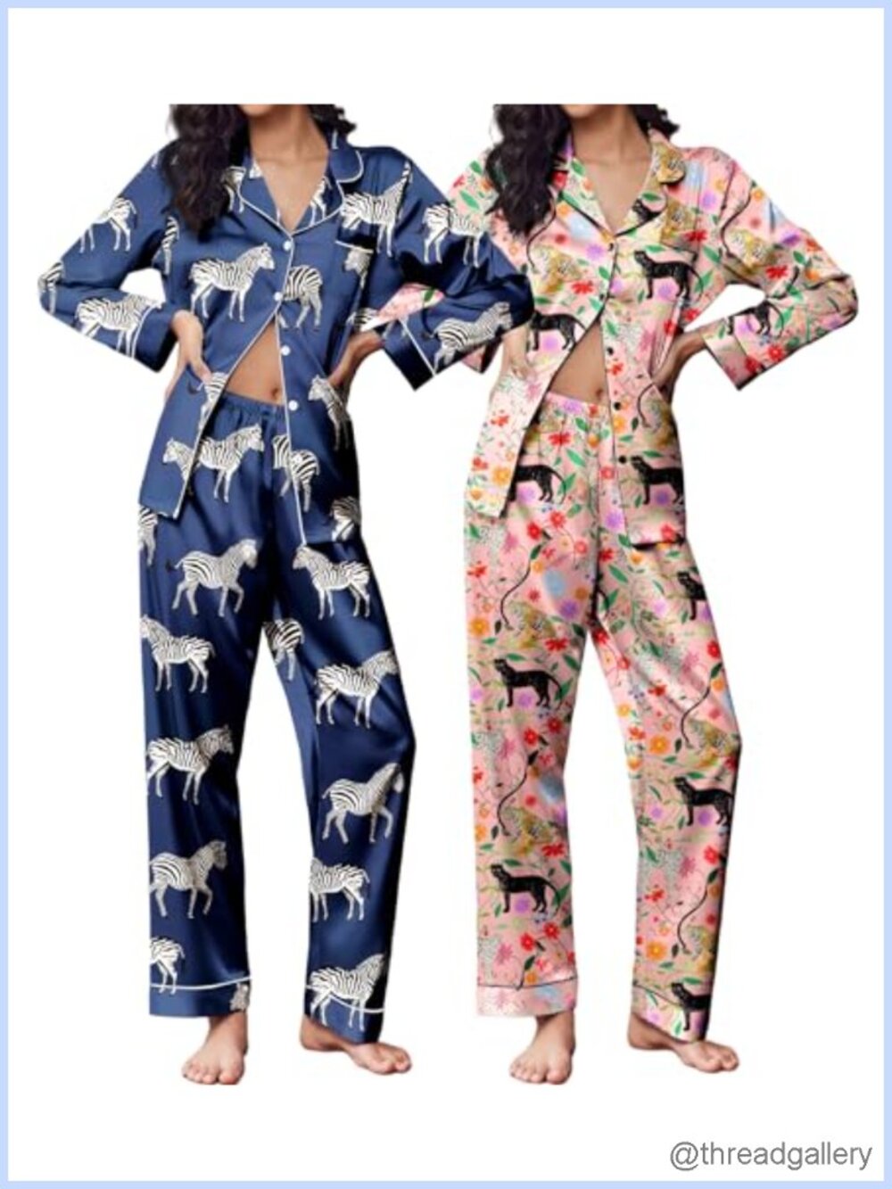2 Pack Silk Satin Pajama Set Button Down Notch Collar Sleepwear Lounge